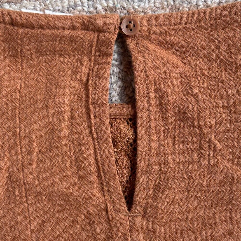 Brown Embroidered Lace Yoke Peasant Blouse Cotton Boho Folk Anthropology women L - Picture 10 of 16